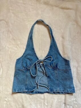 SHEIN Light Blue Denim Halter Tie-Front Crop Top